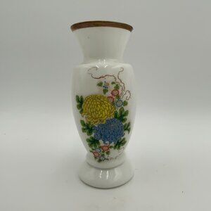 VTG Enesco Milk Glass Blue & Yellow Floral Vase w Gold Trim 7"